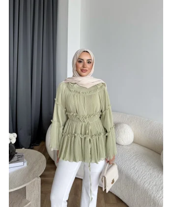 Hen - Piliseli Şifon Bluz - Yeşil