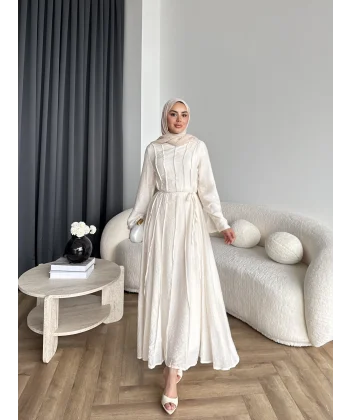 Hen - Senas Şerit Detay Elbise - Ekru