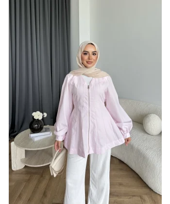 Hen - Sergan V Yaka Fermuarlı Gömlek - Pembe
