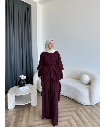 Hew - Lumira Abaya Pantolonlu Takım - Bordo