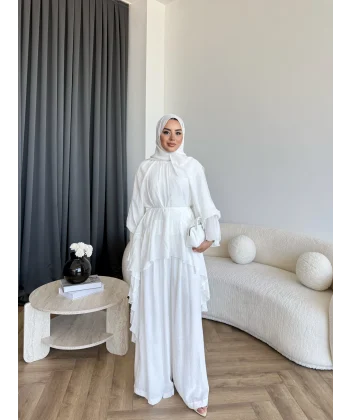 Hew - Lumira Abaya Pantolonlu Takım - Ekru