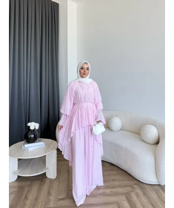 Hew - Lumira Abaya Pantolonlu Takım - Pembe