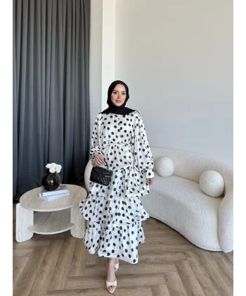 Hew - Ponpon Saten Kat Kat Elbise - Beyaz