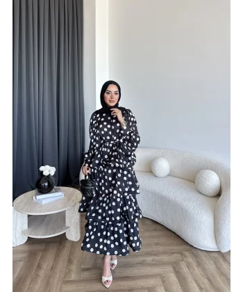 Hew - Ponpon Saten Kat Kat Elbise - Siyah