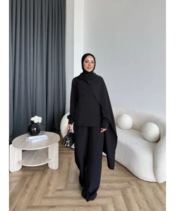 Hot - Nesly Omuz Pelerin Detay Takım - Siyah