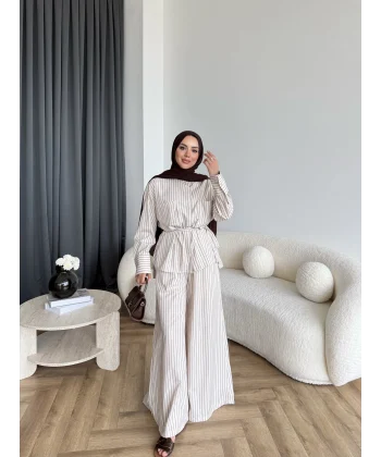 Hot - Saren Çizgili Takım - Bej