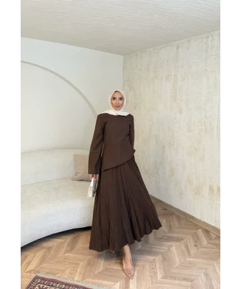 Keten Kırışık Etek Takım - Acı Kahve