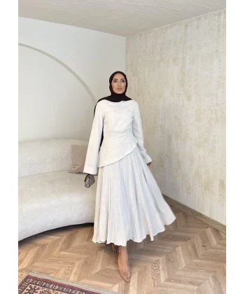 Keten Kırışık Etek Takım - Bej