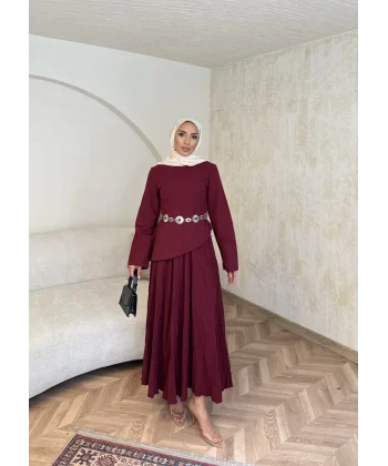 Keten Kırışık Etek Takım - Bordo