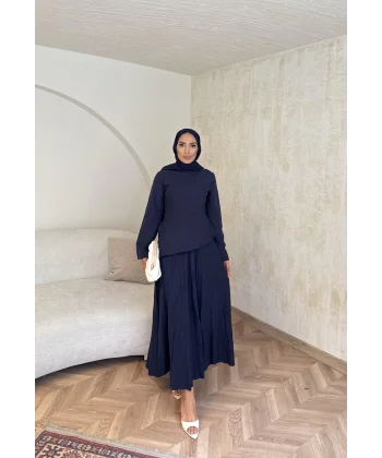 Keten Kırışık Etek Takım - Lacivert