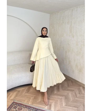 Keten Kırışık Etek Takım - Sarı