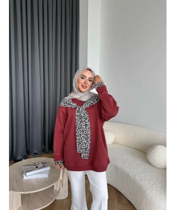 Leopar Fularlı Sweat - Bordo