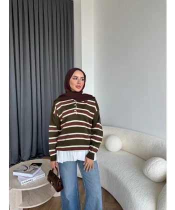 Mirlan Çizgi Detaylı Triko Kazak - Haki