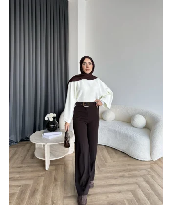 Mrs - Kemerli Bol Paça Pantolon - Acı Kahve