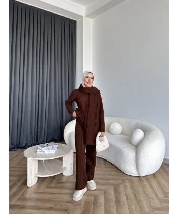 Örgü Atkı Detaylı Triko Takım - Acı Kahve