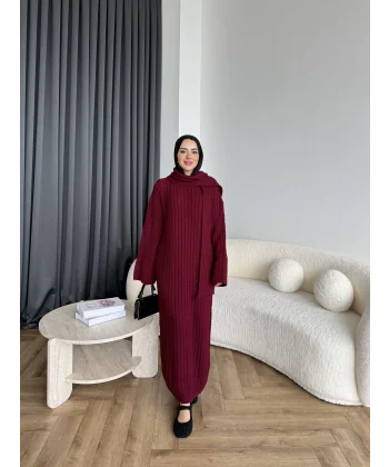 Pln-Atkı Örgü Triko Elbise - Bordo