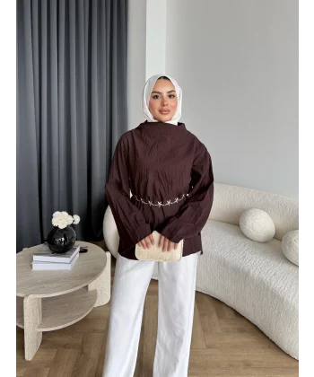 Pln - Crush Kumaşlı Bluz - Kahve