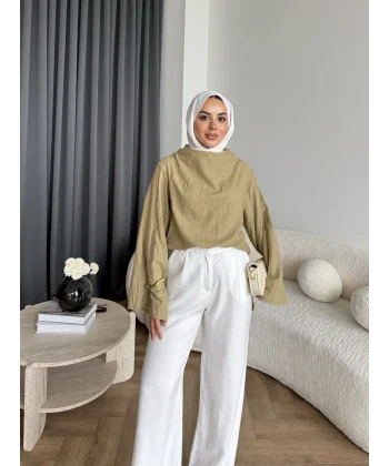 Pln - Crush Kumaşlı Bluz - Yağ Yeşili