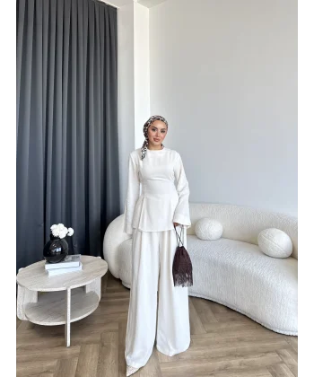 Pln - Vera Yırtmaç Detay Keten Takım - Bej