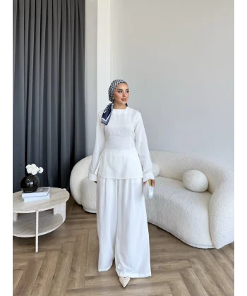 Pln - Vera Yırtmaç Detay Keten Takım - Beyaz