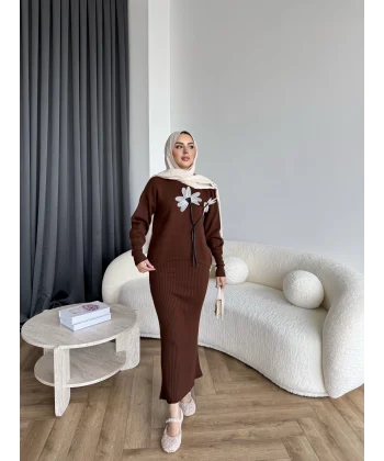 Pls-Çiçek Detay Jile Elbise - Kahve