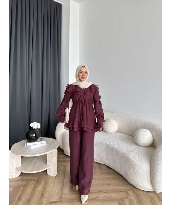Pwn - Kante Fırfır Detay Takım - Bordo