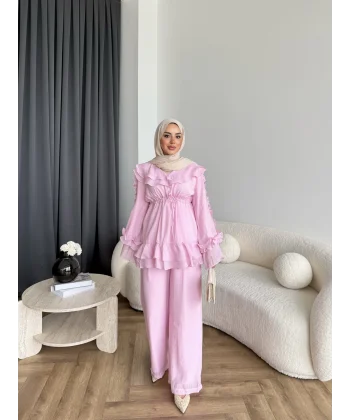 Pwn - Kante Fırfır Detay Takım - Pembe