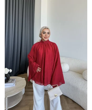 Qu - Lesta Balon Kol Gömlek - KırmızI