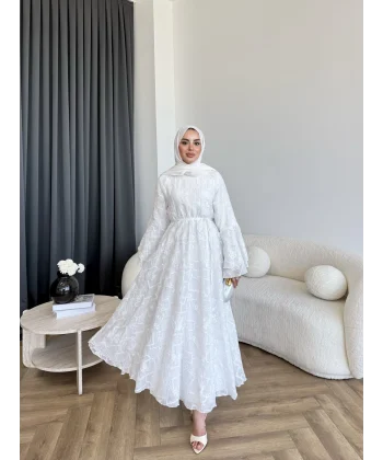 Qu- Yeni Desen Selen Elbise - Beyaz