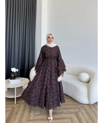 Qu- Yeni Desen Selen Elbise - Kahve