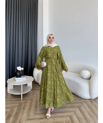 Qu- Yeni Desen Selen Elbise - Yeşil