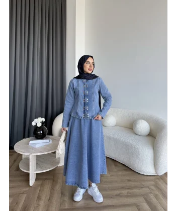 Tb - Çıtçıtlı Etekli Denim Takım - Açık Mavi