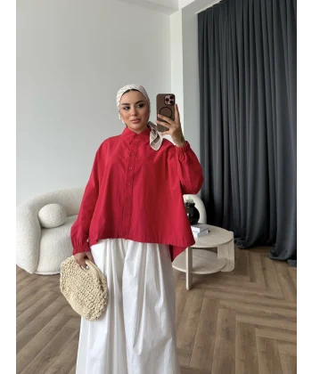 Tb - Oversize Büzgülü Gömlek - Kırmızı