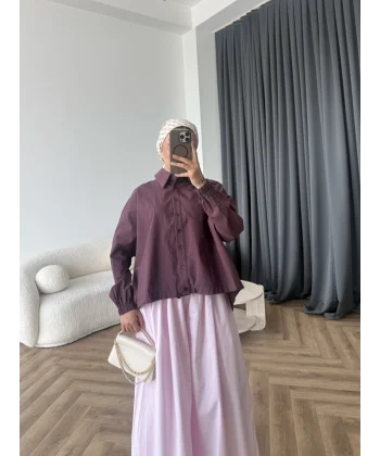 Tb - Oversize Büzgülü Gömlek - Mürdüm
