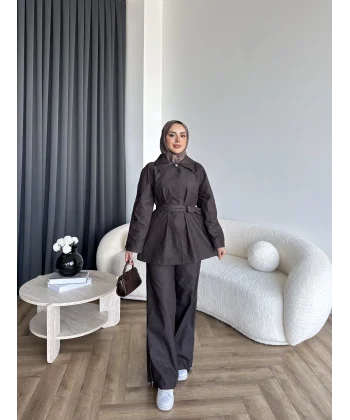 Tb - Yan Fermuar Detay Denim Takım - Kahve