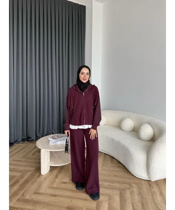 Venusa Kapşonlu Triko Takım - Bordo
