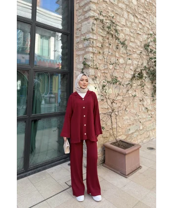 Zeyn Düğmeli Triko Takım - Bordo