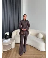 Fuş - Taş Detaylı Fermuarlı Pantolonlu Takım - Kahverengi