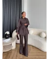 Fuş - Taş Detaylı Fermuarlı Pantolonlu Takım - Kahverengi