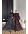 Hew - Gasto Taşlı Saten Elbise - Bordo