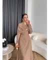 Fuş - Orchid Şal Detaylı Broşlu Elbise - Vizon