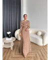 Fuş - Orchid Şal Detaylı Broşlu Elbise - Vizon