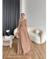 Fuş - Orchid Şal Detaylı Broşlu Elbise - Vizon