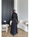 Fuş - Orchid Şal Detaylı Broşlu Elbise - Siyah