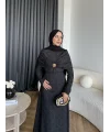 Fuş - Orchid Şal Detaylı Broşlu Elbise - Siyah