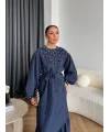 Fuş - Evelia Çiçekli Taşlı Elbise - Lacivert