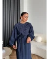 Fuş - Evelia Çiçekli Taşlı Elbise - Lacivert