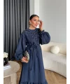 Fuş - Evelia Çiçekli Taşlı Elbise - Lacivert