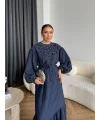 Fuş - Evelia Çiçekli Taşlı Elbise - Lacivert