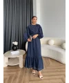 Fuş - Evelia Çiçekli Taşlı Elbise - Lacivert